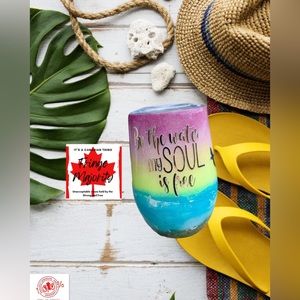 By the water my soul is free, stemless wine tumbler, pastel sunset,epoxy glitter